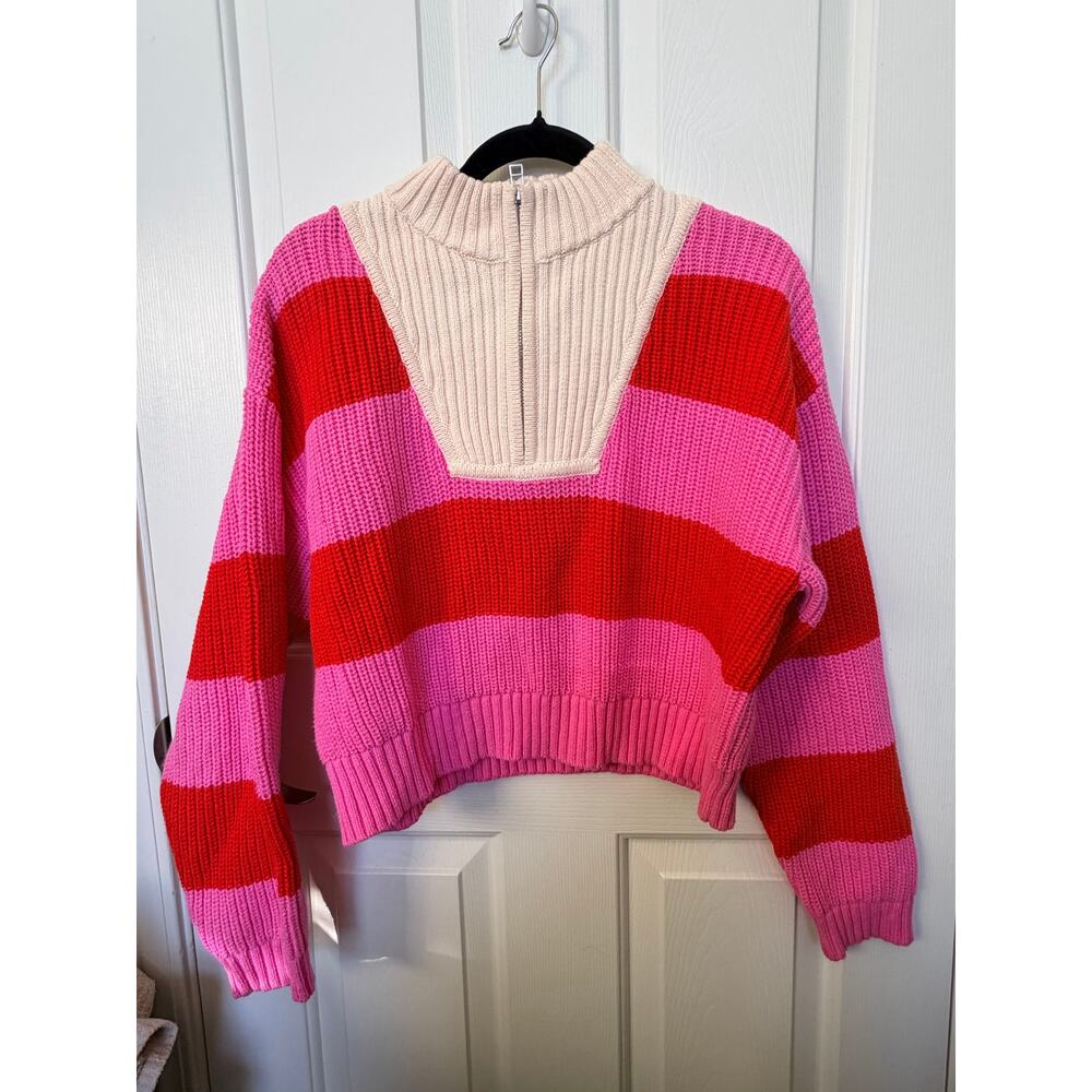 VICI Pink Red Stripe Quarter Zip Cropped Sweater Medium Colorblock Knit